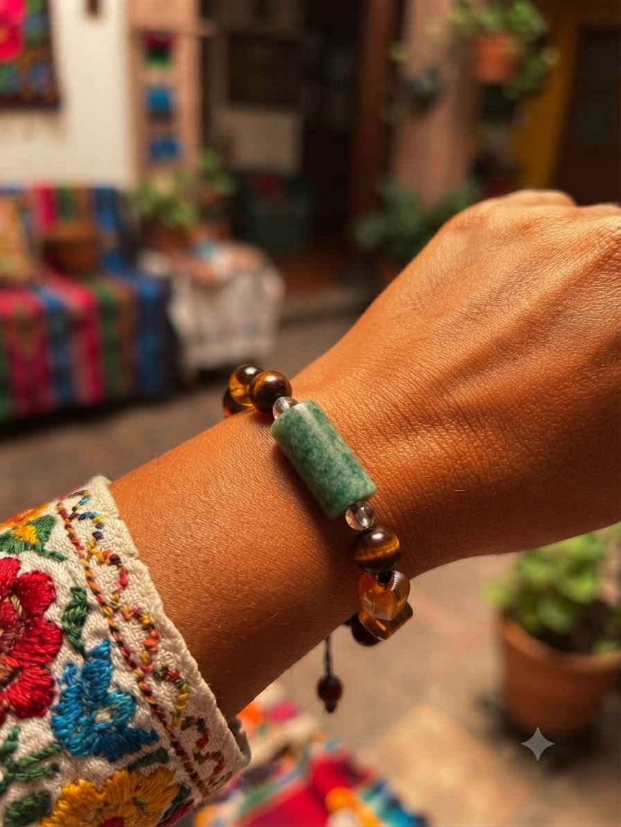 Guatemalan Jade & Mexican Amber Bracelet – Red Tiger Eye & Volcanic Stone | Mayan Jewelry