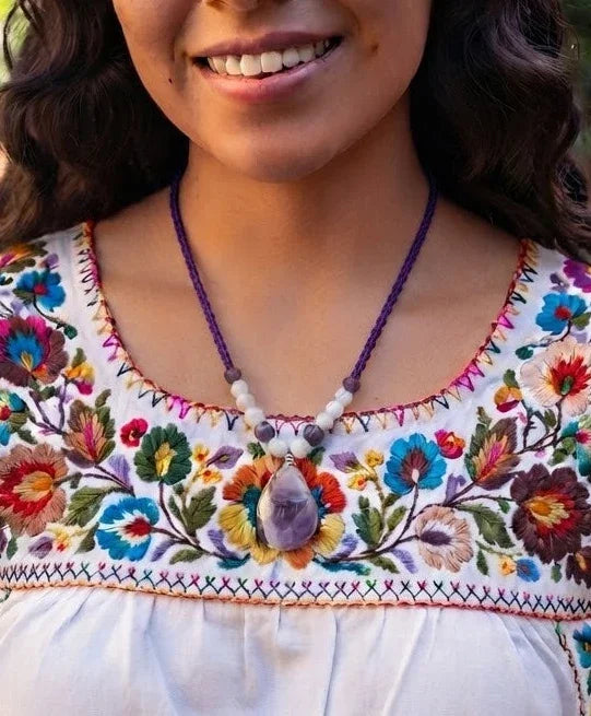 Amethyst Pendant Necklace | White Agate & Mexican Obsidian Beads | Macramé | Emotional Balance & Protection