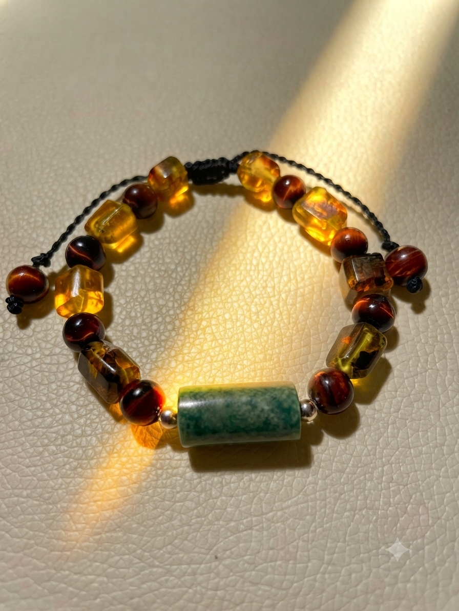 Guatemalan Jade & Mexican Amber Bracelet – Red Tiger Eye & Volcanic Stone | Mayan Jewelry