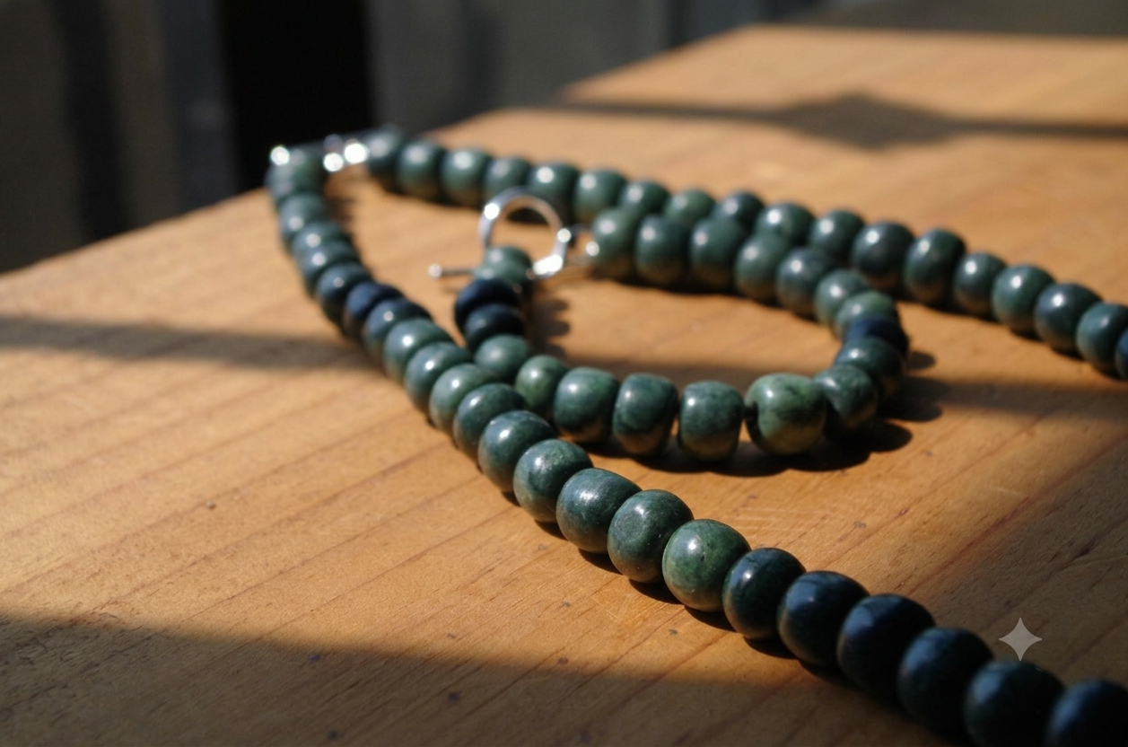 Conjunto de collar y pulsera maya: cuentas verde oscuro, piedra serpentina similar al jade guatemalteco antiguo, estilo precolombino.