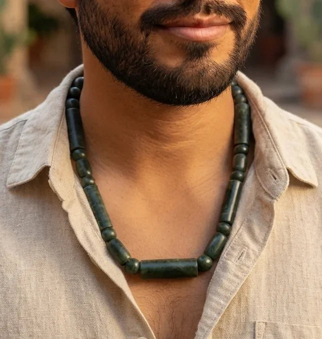 Dark Green Serpentine Necklace | Guatemalan Jade Style | Long Tube Beads | Mayan Pre-Columbian Jewelry