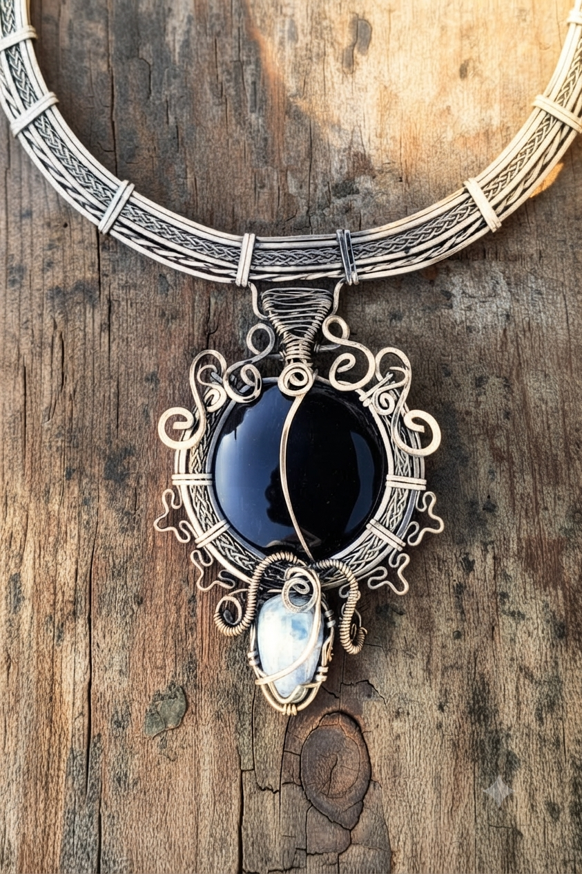 Mexican Obsidian & Moonstone Necklace | Alpaca Wire-Wrapped Pendant | Handcrafted in Mexico