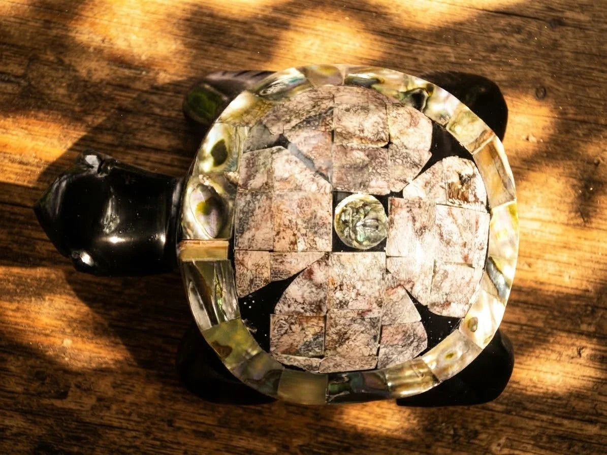 Turtle Hand-Carved in Mexican Obsidian | Mother of Pearl Shell Mosaic | Teotihuacan Sculpture | Pre-Columbian Collectible