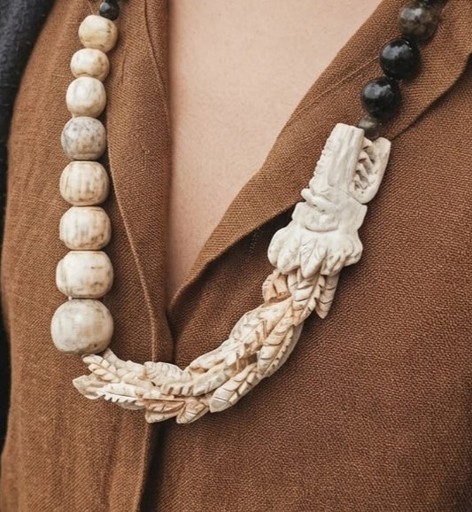 Quetzalcoatl Kukulkan Necklace | Carved Deer Antler & Gold Sheen Obsidian