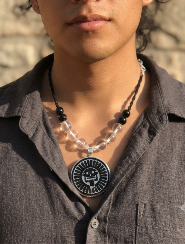 Mikiztli Pendant Necklace | Mexican Obsidian, Crystal Quartz & Black Agate | Aztec Deity of Transformation | 66cm