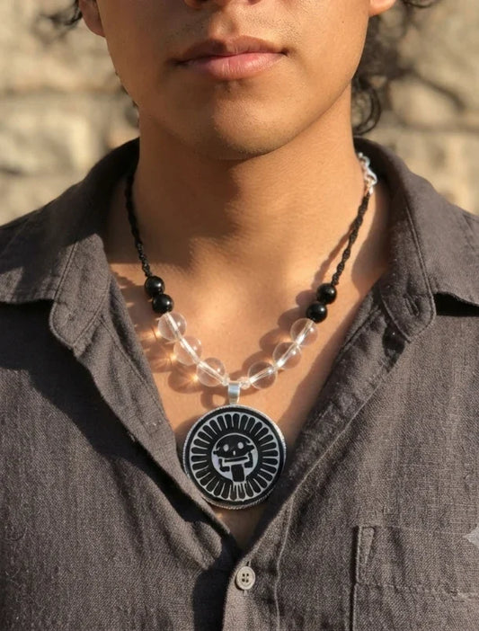 Mikiztli Pendant Necklace | Mexican Obsidian, Crystal Quartz & Black Agate | Aztec Deity of Transformation | 66cm