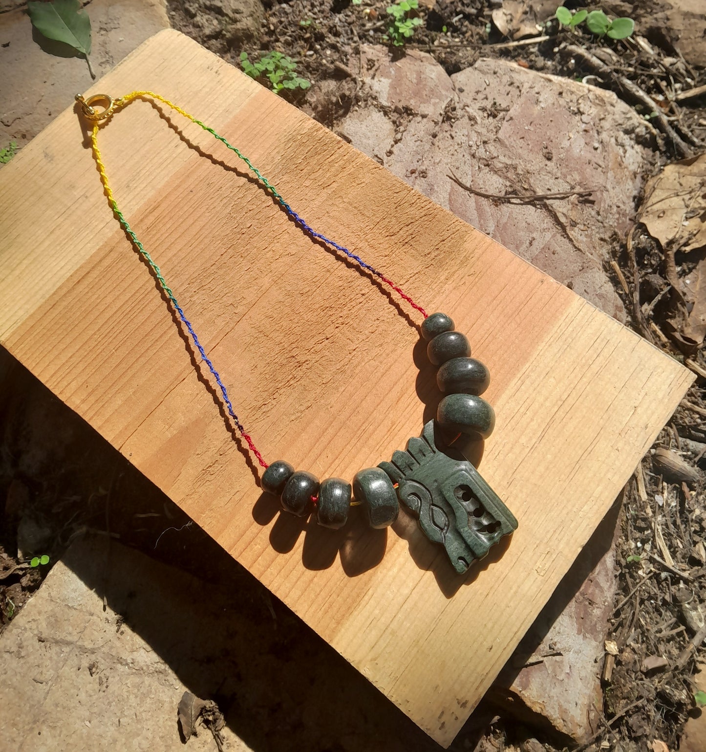 Quetzalcóatl, Kukulkan, feathered snake  pendant necklace like ancient Guatemalan jade style, serpentine stone and green macramé necklace, Mexican Aztec Mayan jewelry precolombian style