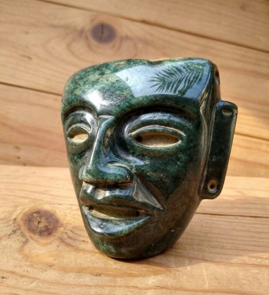 Teotihuacan Head Mask Pendant | Serpentine Stone Guatemalan Jade Style | 10x8cm | Mexican Artisan Sculpture