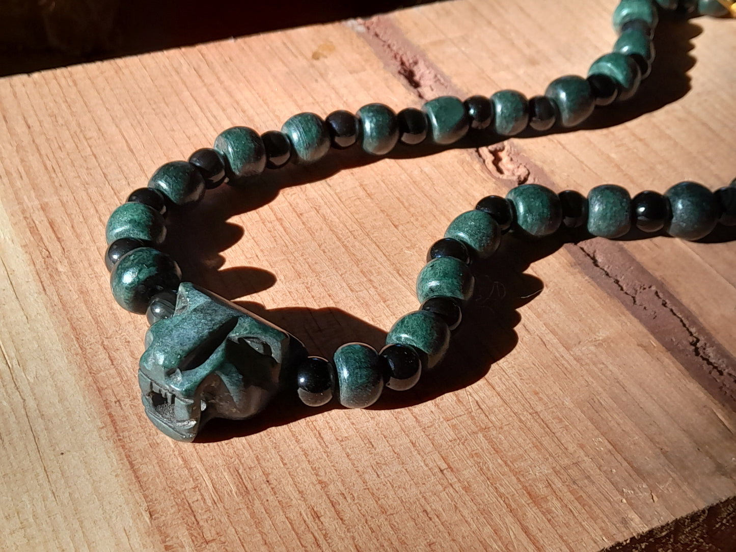 Jaguar Pendant Guatemalan jade beads necklace style, obsidian & serpentine stone - Mayan Jewelry, Mexican precolombian Culture
