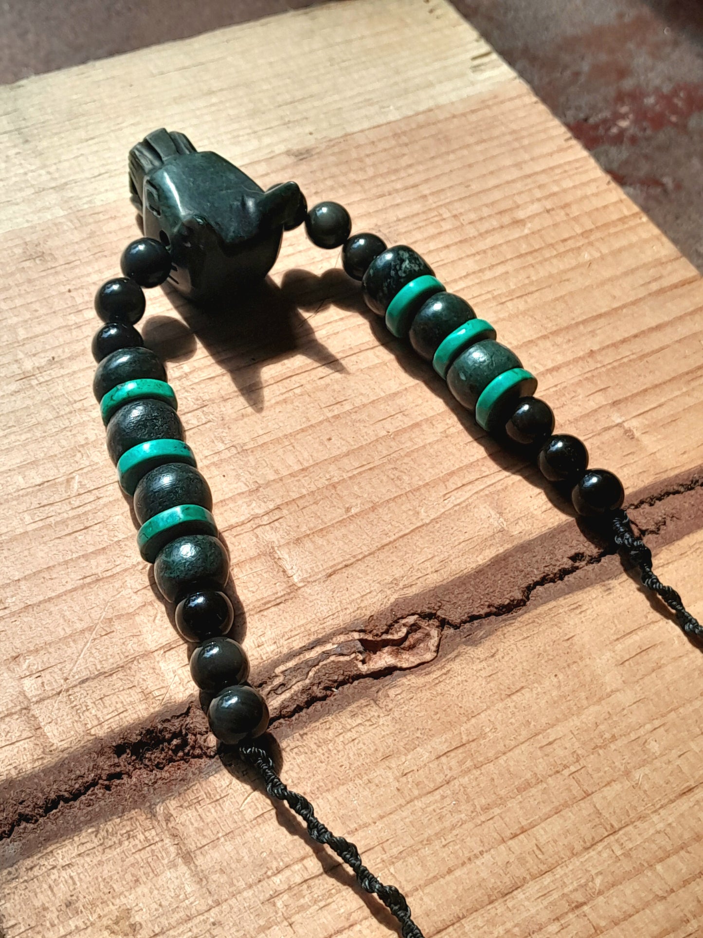 Mexican Dog Xolohcuincle Pendant necklace, Guatemalan jade style, mexican obsidian , turquoise & serpentine stone - Mayan Jewelry, Mexican precolombian Culture