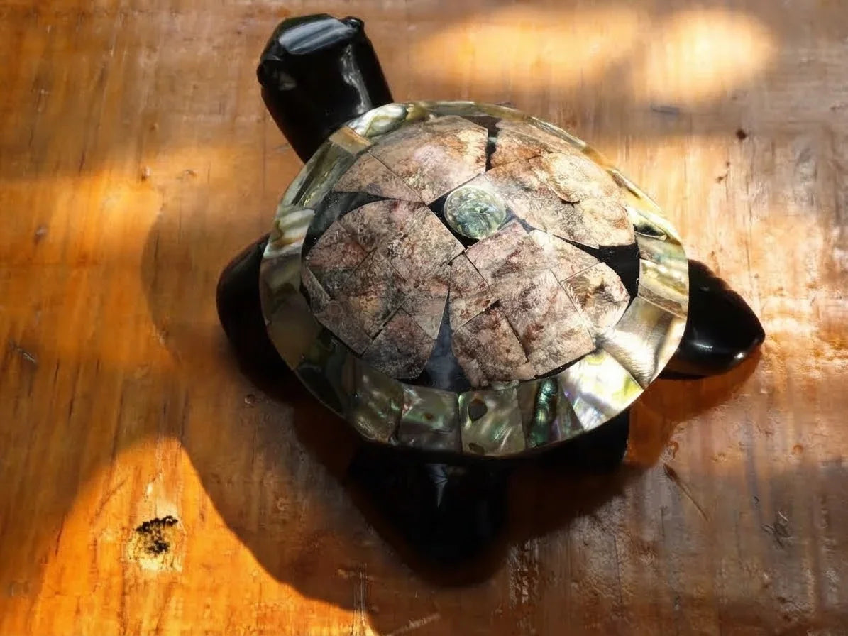Turtle Hand-Carved in Mexican Obsidian | Mother of Pearl Shell Mosaic | Teotihuacan Sculpture | Pre-Columbian Collectible