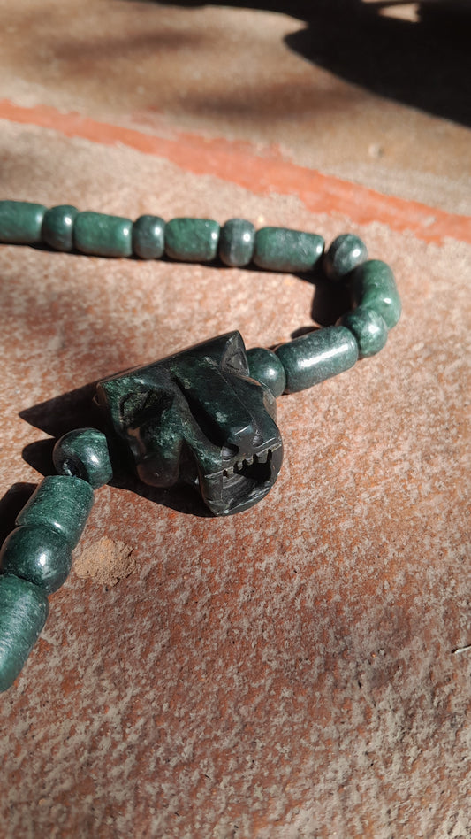 Jaguar Pendant Guatemalan jade beads necklace style, serpentine stone - Mayan Jewelry, Mexican precolombian Culture