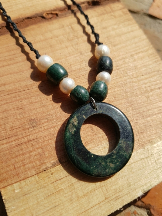 Hoop Pendant like Ancient Guatemalan jade, mother pearls & Serpentine Stone Necklace: Embrace Transformation and Healing Energy-