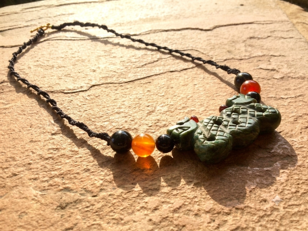 Quetzalcoatl Pendant Necklace | Guatemalan Jade Style Serpentine Stone | Amber, Agate & Obsidian Beads | Mayan Aztec Jewelry