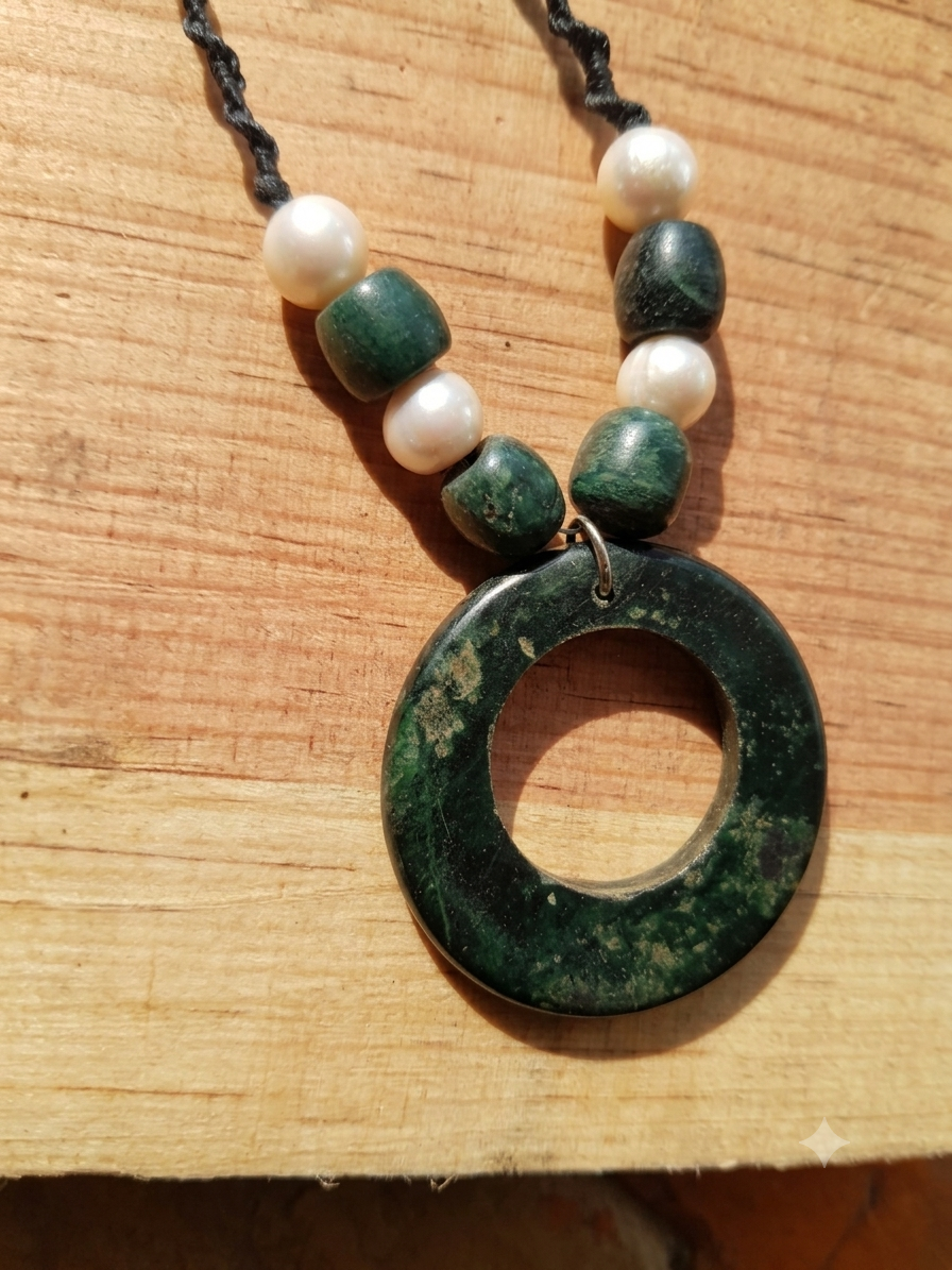 Hoop Pendant like Ancient Guatemalan jade, mother pearls & Serpentine Stone Necklace: Embrace Transformation and Healing Energy-