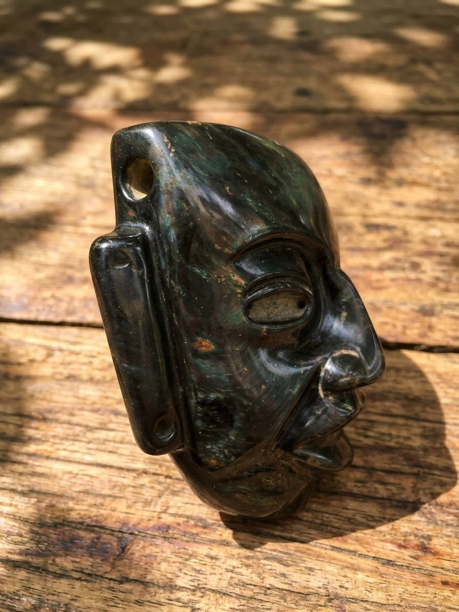 Teotihuacan Head Mask Pendant | Serpentine Stone Guatemalan Jade Style | 10x8cm | Mexican Artisan Sculpture