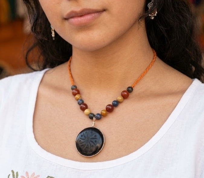 Obsidian Hikuri Pendant Necklace | Agate & Yellow Jade Beads | Peyote Spiritual Jewelry
